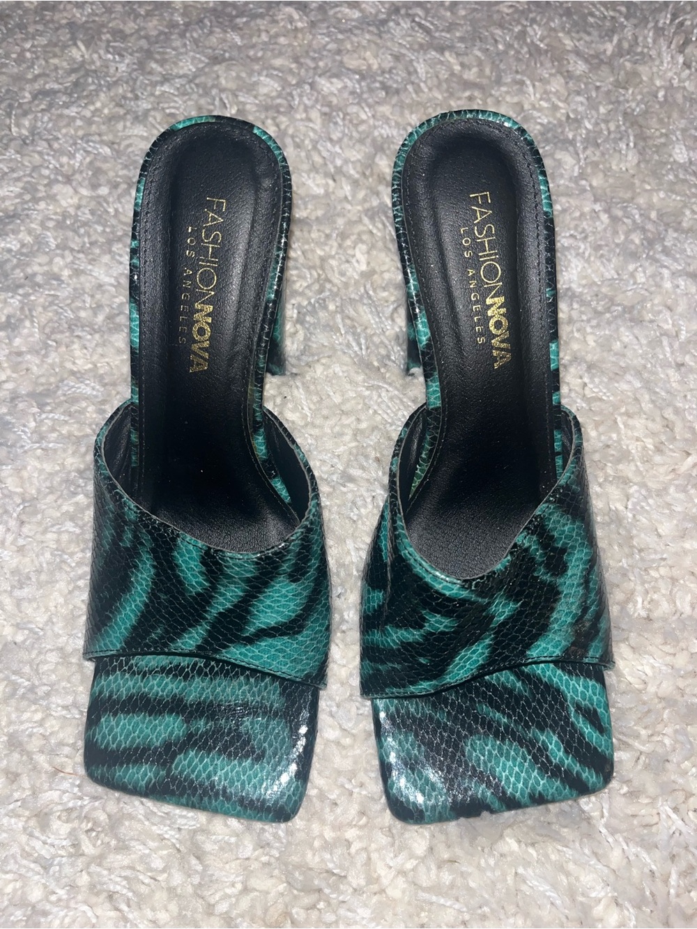 Fashion Nova Teal & Black Zebra-Print Slide Mules